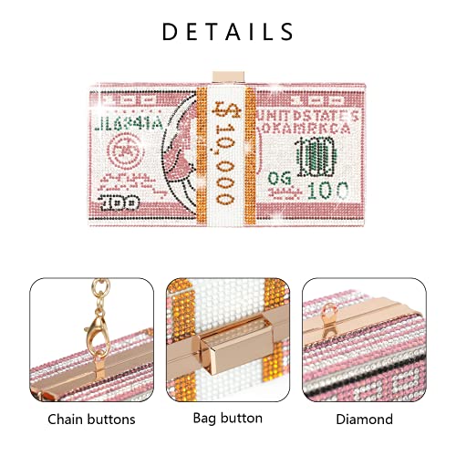 WJCD Money Clutch Rhinestone Purse Stack of Cash Unique Evening Clutch Handbag Shoulder Bag Crossbody Bag Rhinestone Handbag (Pink)