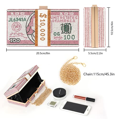 WJCD Money Clutch Rhinestone Purse Stack of Cash Unique Evening Clutch Handbag Shoulder Bag Crossbody Bag Rhinestone Handbag (Pink)