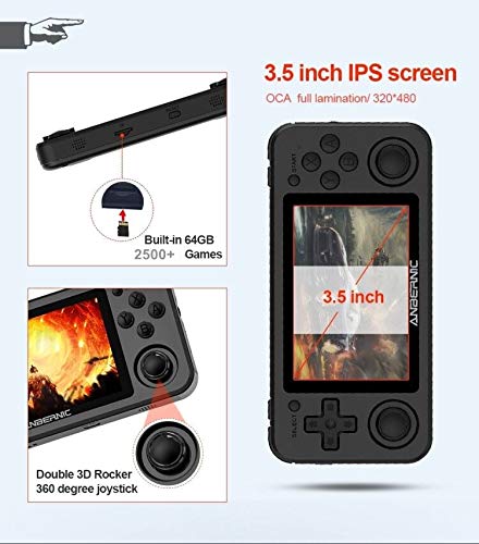 RG351P Handheld Game Console, Retro Game Console Support PSP / PS1 / N64 / NDS Open Linux Tony System RK3326 Chip 64G TF Card 2500 Classic Games 3.5 Inch IPS Screen 3500mAh Battery (Black)