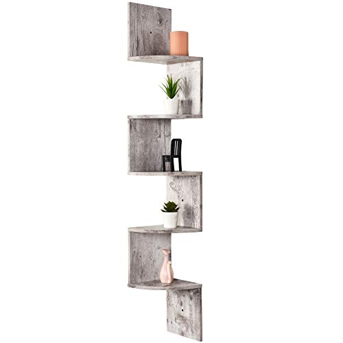 Greenco 5 Tier Wall Mount Corner Shelves Rustic White Finish, 7.75" L x 7.75" W x 48.5" H.