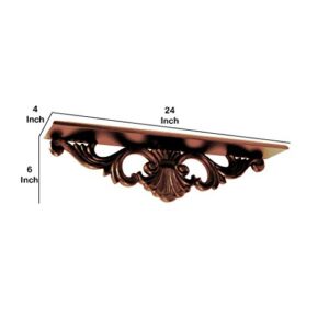 Benjara Hand Carved Wooden Wall Shelf with Floral Design Display, Brown