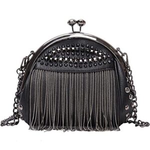 punk style crossbody bags for women rivet tassel evening clutch purse ladies black chains shoulder bag (black)