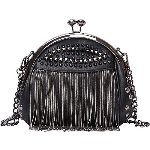 Punk Style Crossbody Bags for Women Rivet Tassel Evening Clutch Purse Ladies Black Chains Shoulder Bag (Black)