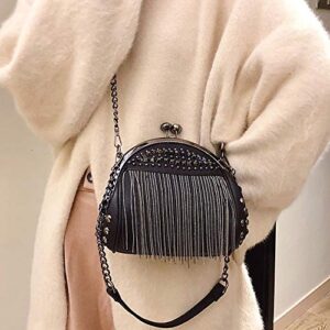 Punk Style Crossbody Bags for Women Rivet Tassel Evening Clutch Purse Ladies Black Chains Shoulder Bag (Black)