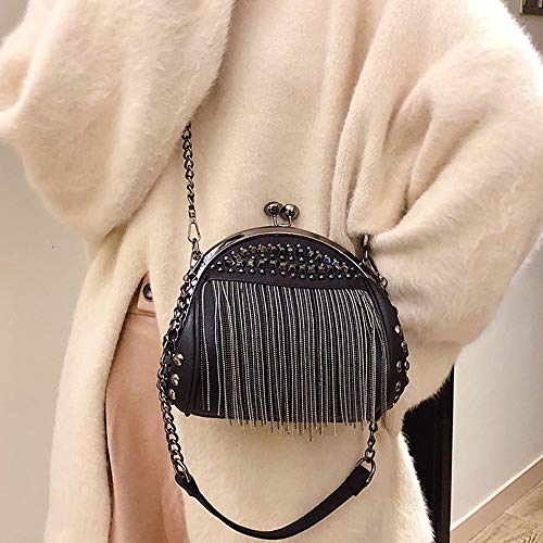 Punk Style Crossbody Bags for Women Rivet Tassel Evening Clutch Purse Ladies Black Chains Shoulder Bag (Black)