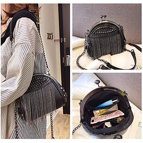 Punk Style Crossbody Bags for Women Rivet Tassel Evening Clutch Purse Ladies Black Chains Shoulder Bag (Black)