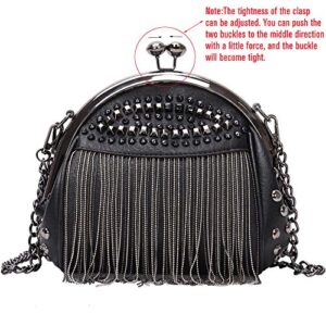 Punk Style Crossbody Bags for Women Rivet Tassel Evening Clutch Purse Ladies Black Chains Shoulder Bag (Black)