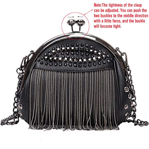 Punk Style Crossbody Bags for Women Rivet Tassel Evening Clutch Purse Ladies Black Chains Shoulder Bag (Black)