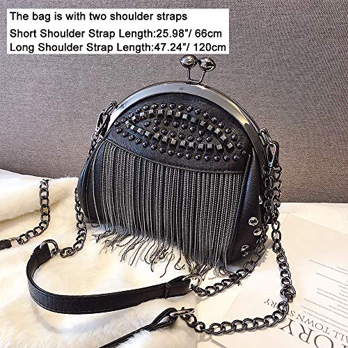 Punk Style Crossbody Bags for Women Rivet Tassel Evening Clutch Purse Ladies Black Chains Shoulder Bag (Black)