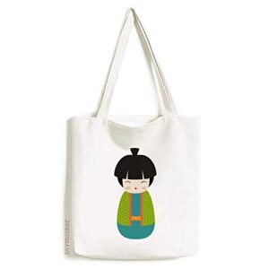 green kimono doll art japan tote canvas bag shopping satchel casual handbag