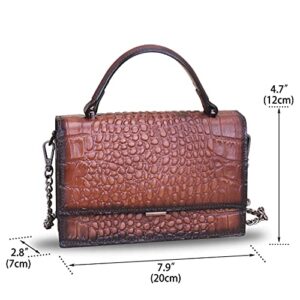 Genuine Leather Handbags for Women Retro Handmade Small Satchel Purse Luxury Top Handle Real Leather Embossed Design Crossbody Bag (Coffee)