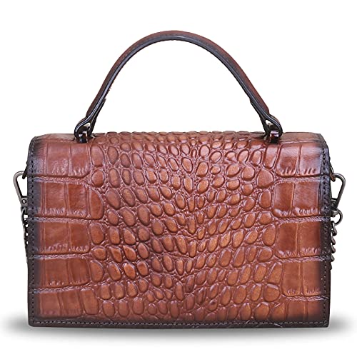 Genuine Leather Handbags for Women Retro Handmade Small Satchel Purse Luxury Top Handle Real Leather Embossed Design Crossbody Bag (Coffee)