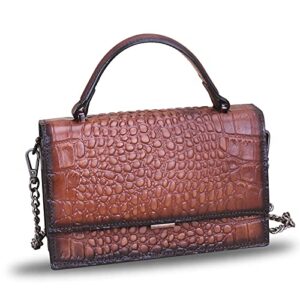 Genuine Leather Handbags for Women Retro Handmade Small Satchel Purse Luxury Top Handle Real Leather Embossed Design Crossbody Bag (Coffee)