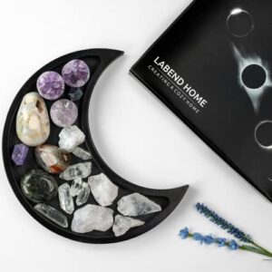 moon tray crystal holder display – black wooden crystal tray for stones, healing crystals storage and organizer – crescent gothic witchy coffin spiritual decor – essential oil holder – jewelry dish