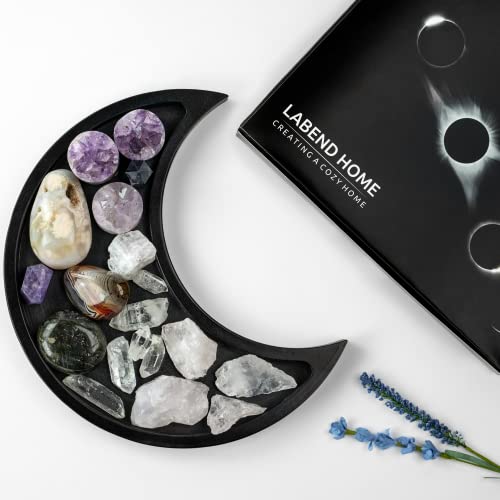 Moon Tray Crystal Holder Display - Black Wooden Crystal Tray for Stones, Healing Crystals Storage and Organizer - Crescent Gothic Witchy Coffin Spiritual Decor - Essential Oil Holder - Jewelry Dish