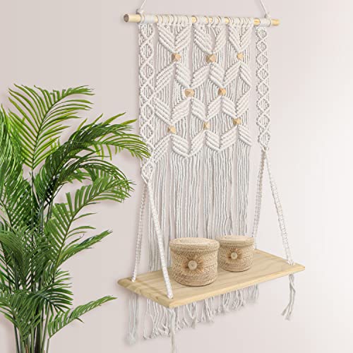 Daisy & Olive Large Premium Macrame Wall Hanging Shelf - Bohemian Wall Decor for Bedroom - Floating Shelves for Wall Decor - Aesthetic Room Decor - Shelf Wall Hanging Plant Hanger - Crochet Hangings