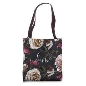 kim – elegant floral rose & peony personalized name tote bag