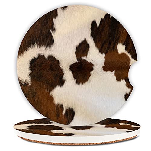 Absorbent Car Coasters 2 Pack for Women/Men,Cow Hide Car Coaster for Drinks,Ceramic Stone Car Cup Holder with A Finger Notch,Farm Animal Brown Cowhide Skin Print Cow