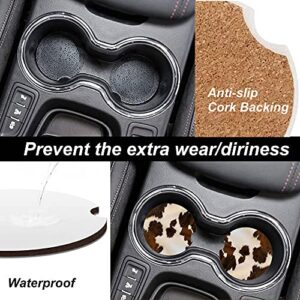 Absorbent Car Coasters 2 Pack for Women/Men,Cow Hide Car Coaster for Drinks,Ceramic Stone Car Cup Holder with A Finger Notch,Farm Animal Brown Cowhide Skin Print Cow