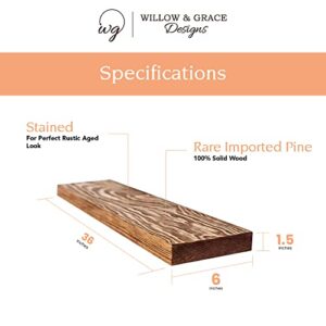 Willow & Grace Wall Mounted Wooden Floating Shelves, Wall Shelves for Bedroom, Bathroom, Living & Laundry Room, Kitchen, Decor - Rustic Farmhouse Small Wood Shelf - Light Walnut (36 Inch Set of 2)