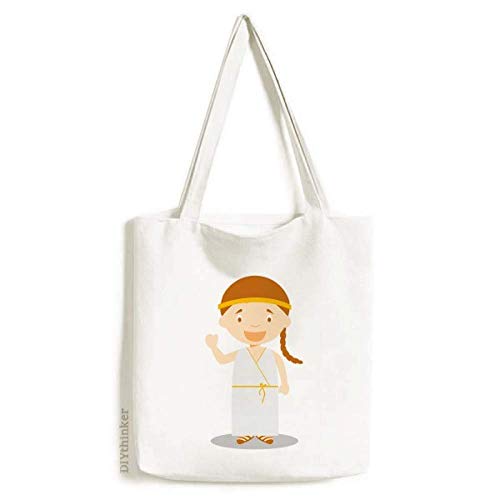 Long White Dress Greece Cartoon Tote Canvas Bag Shopping Satchel Casual Handbag