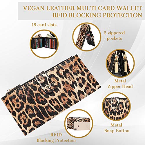 Daisy Rose Women’s Multi-Card Wallet - PU Vegan Leather Wallet for Women, RFID Blocking, Large Capacity With Zipper Pockets - Leopard