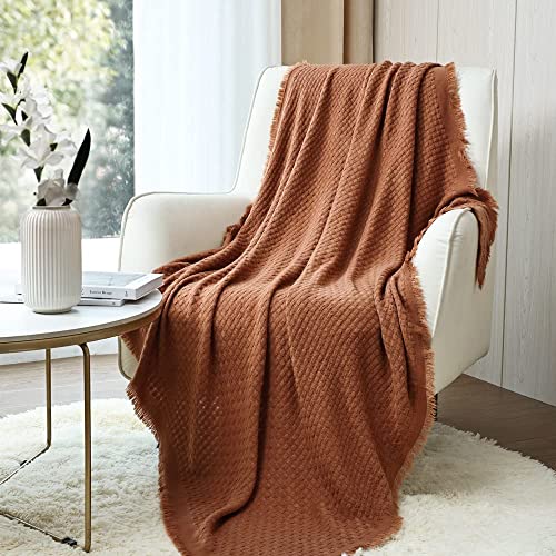 CREVENT Farmhouse Rust Knit Throw Blanket for Couch Sofa Chair Bed Home Decoration, Soft Warm Cozy Light Weight for Spring Summer Fall (50''X60'' Caramel/Rust)