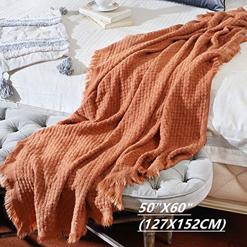 CREVENT Farmhouse Rust Knit Throw Blanket for Couch Sofa Chair Bed Home Decoration, Soft Warm Cozy Light Weight for Spring Summer Fall (50''X60'' Caramel/Rust)