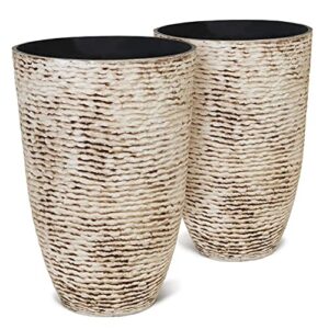 worth garden 9 gallon tall round planters set of 2-14″ dia x 21″ h tree pots for outdoor plants – large imitation stone finish flower pots indoor decorative container garden patio unbreakable beige