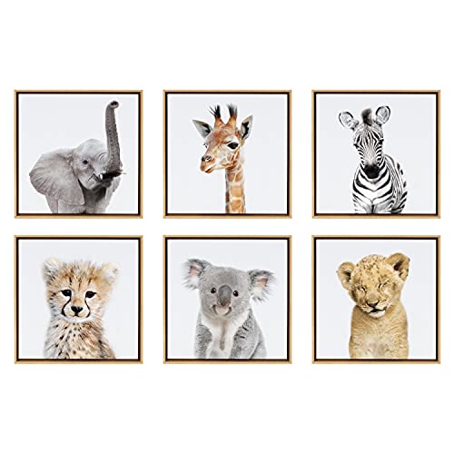 Kate and Laurel Sylvie Safari Animal Collection Framed Canvas Wall Art by Amy Peterson Art Studio, Set of 6, 13x13 Natural, Decorative Animal Art for Wall