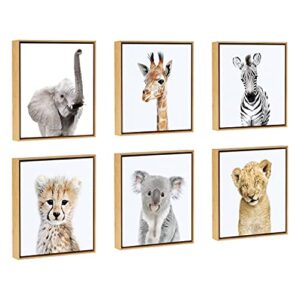 Kate and Laurel Sylvie Safari Animal Collection Framed Canvas Wall Art by Amy Peterson Art Studio, Set of 6, 13x13 Natural, Decorative Animal Art for Wall