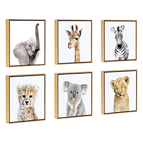 Kate and Laurel Sylvie Safari Animal Collection Framed Canvas Wall Art by Amy Peterson Art Studio, Set of 6, 13x13 Natural, Decorative Animal Art for Wall