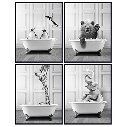 Funny Bathroom Decor for Women, Kids - Elephant, Bear, Giraffe, Penguin Wall Art - Bathroom Pictures - Bath Wall Decor - Cute Modern Bathroom Accessories - Cool Unique Bathroom Sign - Powder Room