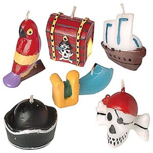 artcreativity pirate birthday cake candles, set of 6, assorted pirate cake toppers with treasure chest, sword, skull, hat, ship, and parrot candle, cool pirate party supplies and decorations