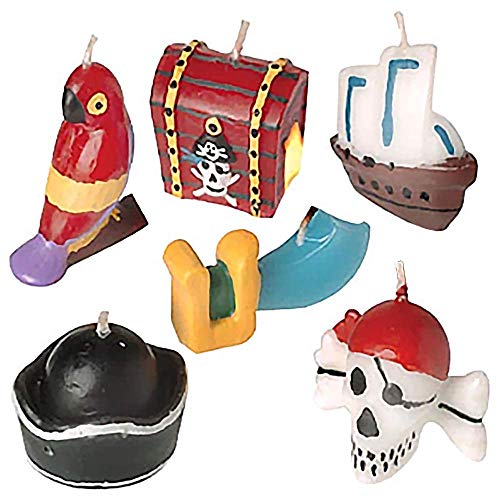 ArtCreativity Pirate Birthday Cake Candles, Set of 6, Assorted Pirate Cake Toppers with Treasure Chest, Sword, Skull, Hat, Ship, and Parrot Candle, Cool Pirate Party Supplies and Decorations