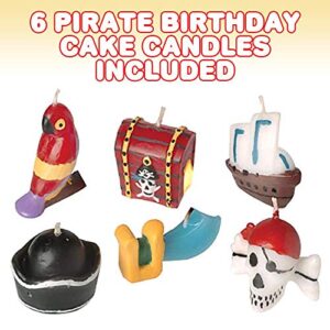 ArtCreativity Pirate Birthday Cake Candles, Set of 6, Assorted Pirate Cake Toppers with Treasure Chest, Sword, Skull, Hat, Ship, and Parrot Candle, Cool Pirate Party Supplies and Decorations