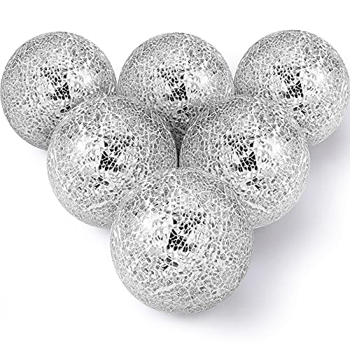 Patelai 6 Pieces 4 Inch Mosaic Sphere Balls Decorative Glass Balls Decorative Orbs Table Centerpiece Balls Round Glass Ball Bowl Filler for Bowls Vases Dining Coffee Table Decor (Silver)