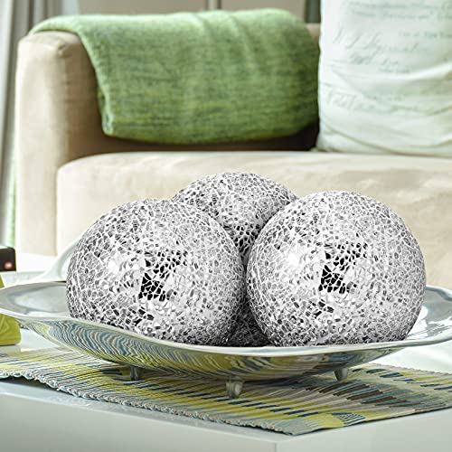 Patelai 6 Pieces 4 Inch Mosaic Sphere Balls Decorative Glass Balls Decorative Orbs Table Centerpiece Balls Round Glass Ball Bowl Filler for Bowls Vases Dining Coffee Table Decor (Silver)
