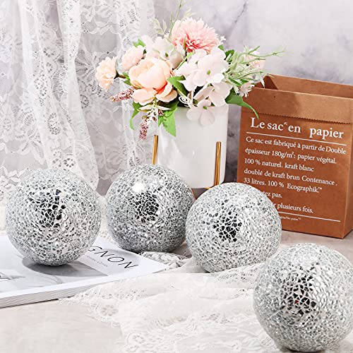 Patelai 6 Pieces 4 Inch Mosaic Sphere Balls Decorative Glass Balls Decorative Orbs Table Centerpiece Balls Round Glass Ball Bowl Filler for Bowls Vases Dining Coffee Table Decor (Silver)