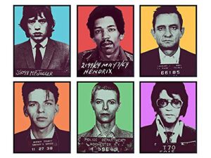 david bowie, elvis, johnny cash, jimi hendrix, frank sinatra, mick jagger mugshot poster set – 8×10 wall art decor, decorations for living room, bedroom – gift for men, women – unframed prints