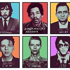 David Bowie, Elvis, Johnny Cash, Jimi Hendrix, Frank Sinatra, Mick Jagger Mugshot Poster Set - 8x10 Wall Art Decor, Decorations for Living Room, Bedroom - Gift for Men, Women - UNFRAMED Prints