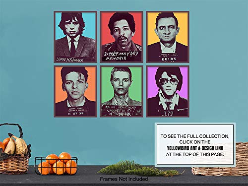 David Bowie, Elvis, Johnny Cash, Jimi Hendrix, Frank Sinatra, Mick Jagger Mugshot Poster Set - 8x10 Wall Art Decor, Decorations for Living Room, Bedroom - Gift for Men, Women - UNFRAMED Prints