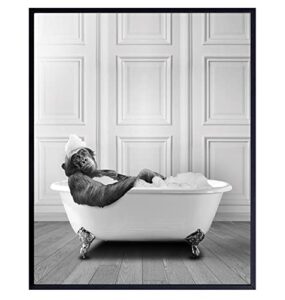 funny bathroom decor for men, women – cute modern bathroom accessories – bathroom pictures – bath wall decor – monkey chimp wall art – cool unique bathroom sign – powder room – guest bathroom poster