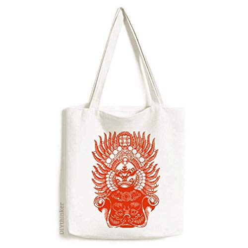 Peking Opera Red Gongtongguan Paper-cut Tote Canvas Bag Shopping Satchel Casual Handbag