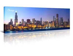 chicago skyline wall art for living room cityscape canvas modern home decor panorama pictures city building house decorations skyscraper artwork night view posters and prints 12×46 inch 1 panel