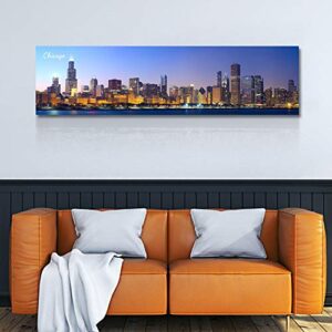 Chicago Skyline Wall Art for Living Room Cityscape Canvas Modern Home Decor Panorama Pictures City Building House Decorations Skyscraper Artwork Night View Posters and Prints 12x46 Inch 1 Panel