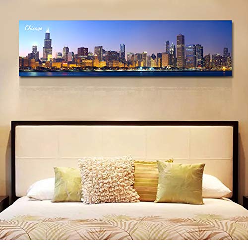 Chicago Skyline Wall Art for Living Room Cityscape Canvas Modern Home Decor Panorama Pictures City Building House Decorations Skyscraper Artwork Night View Posters and Prints 12x46 Inch 1 Panel