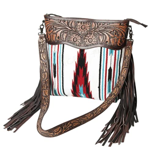 American Darling Cross Body Vintage Bag Large Leather Fringe Crossbody Purse Western Handbags Quilted Saddle Blanket Cowhide Stylish Handmade Shoulder Handbag Hand Carved Strap (ADBGZ104), White