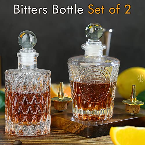 SuproBarware Bitters Bottle Set of 2，Glass Dasher Bottle, Decorative Bottle for Cocktail with Gold Dash Top