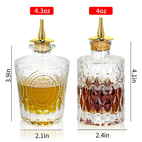 SuproBarware Bitters Bottle Set of 2，Glass Dasher Bottle, Decorative Bottle for Cocktail with Gold Dash Top